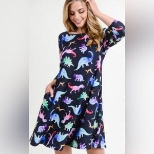 Yelete Black Multicolor Dinosaur Print A-Line Dress With Pockets Size Small
